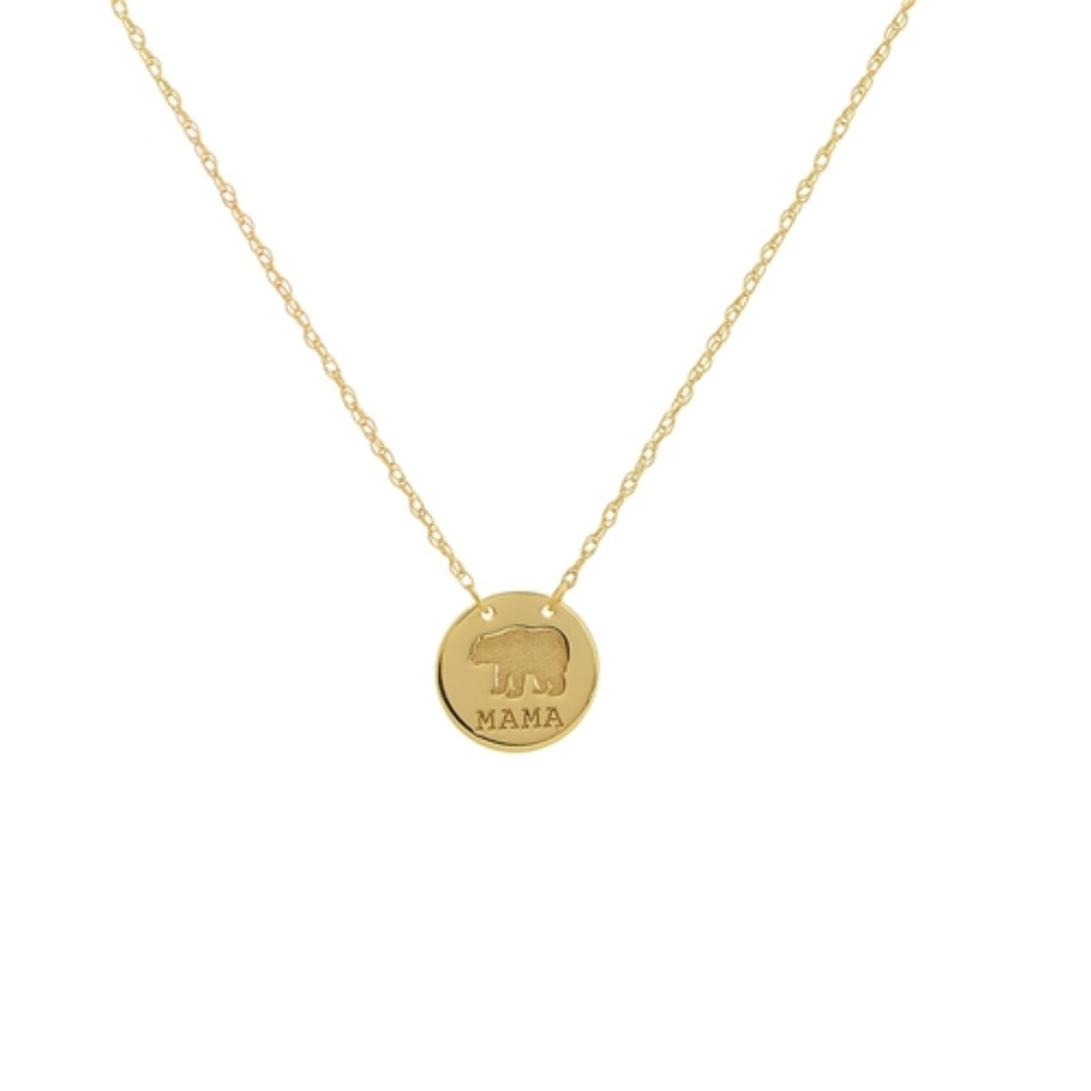 14K Gold Yellow Real Mini Mama Bear Stamped Disc Necklace